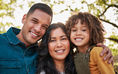 Image showing Nature, portrait and happy child, mother and father smile for outdoor wellness, bonding and connect on Brazil holiday. Park, face and family kid, mom and dad together with love, happiness and care