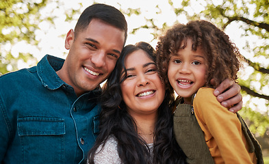 Image showing Nature, portrait and happy kid, mom and dad smile for outdoor adventure, love bond and connect in wellness garden. Natural green park, family trust and face of child, mother and father together