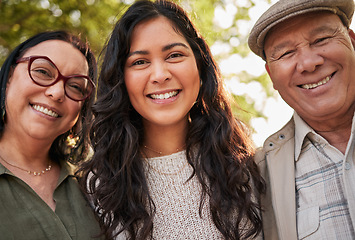 Image showing Nature portrait, mature parents and daughter smile for wellness garden, outdoor journey and connect in Costa Rica. Forest, face and happy family woman, mom and dad together with love, trust and care