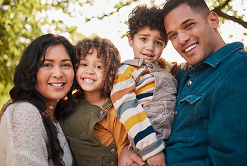 Image showing Park, portrait and happy kids, mother or father smile for green woods, morning walk and bond in wellness garden. Natural forest, family happiness or face of children, mama and papa together in Mexico