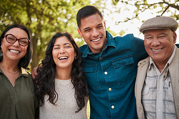 Image showing Portrait, mature parents and family laughing at funny comedy, nature humour or joke about park journey. Garden, forest and relax together with love, support and care for cheerful couple, mom and dad