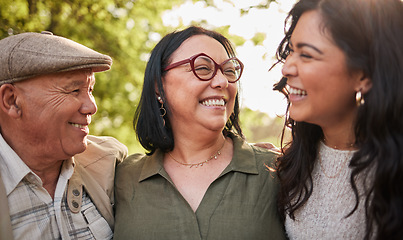 Image showing Nature, mature parents and daughter laughing at funny comedy, park humour and joke with mother, father or old people. Love, face and happy family woman, mom and cheerful dad with love, trust and care