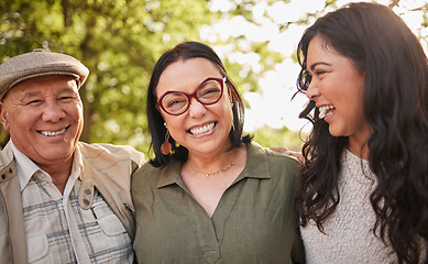 Image showing Portrait, mature parents and daughter laugh at retirement joke, goofy park journey or funny humour in wellness garden. Love, face and happy family woman, mama and cheerful papa bonding in Venezuela