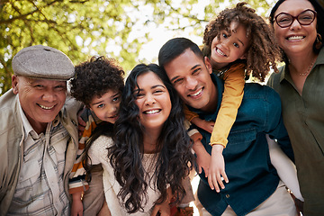 Image showing Nature park, portrait and big family smile for outdoor wellness, bonding and connect on Mexican vacation. Forest, face and relax children, parents and grandparents happy for love, garden and support