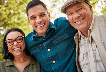 Image showing Nature portrait, mature parents and son smile for outdoor wellness, bonding and connect on Mexican holiday. Forest, face and happy family man, mother and father together with love, happiness and care