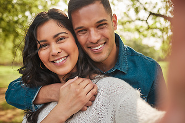 Image showing Nature portrait, selfie and couple smile for outdoor wellness, bonding and connect on relax journey in forest woods. Park face, love or Mexican man, woman or marriage people together for memory photo