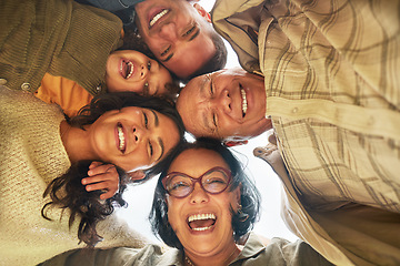 Image showing Family, park and portrait of hug below with happy, bonding and smile outdoor on vacation. Huddle, mom and grandmother with children, dad and grandpa together with love and excited together in group