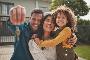 Image showing Happy family, portrait and real estate with keys in property, investment or new home together. Mother, father and child smile in relocation, buying or mortgage loan in building, finance or investing