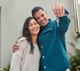 Image showing Happy couple, portrait and real estate with keys to building, new home or property investment together. Man and woman or homeowners smile for moving in, buying or asset loan in finance and investing