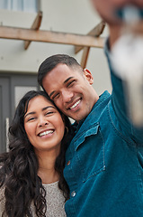 Image showing Happy couple, portrait and real estate with keys to home, new building or property investment together. Man and woman or homeowners smile for moving in, buying or asset loan in finance and investing