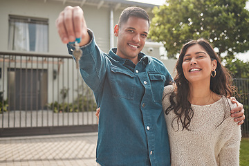 Image showing Happy couple, portrait and real estate with keys to new home in property investment together. Man and woman or homeowners smile for moving in, buying or building loan in asset, finance or investing