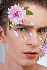 Image showing Petals, skincare and flowers with portrait of man in studio for beauty, natural and creative. Glow, cosmetics and spring with face of model on white background for makeup, spa and floral wellness