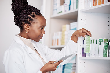 Image showing Pharmacy, woman and digital tablet on medicine shelf, healthcare inventory and boxes or stock management. Medical pharmacist or african doctor for pills search, drugs package or e commerce technology