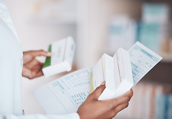 Image showing Paperwork, pharmacist or hands with medicine pills, supplements products or drugs inventory. Documents, healthcare clinic or closeup of doctor with box of medical product or pharmacy stock checklist