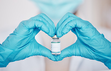 Image showing Vaccine medicine, heart hands or doctor person with pharmaceutical bottle for virus protection, lab research or healthcare. Clinic health support, pharmacy laboratory and closeup nurse with love icon