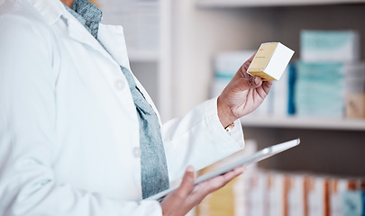 Image showing Pharmacist, pills and tablet, person check inventory and inspection, medicine and healthcare closeup. Pharmaceutical drugs, digital checklist and stock with health, supplements and quality assurance