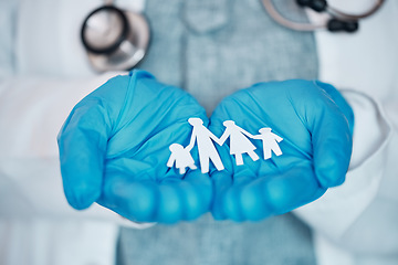 Image showing Medical, paper and family with hands of doctor in clinic for life insurance, support and surgery. Healthcare, medicine and hope with closeup of person in hospital for consulting, community and trust