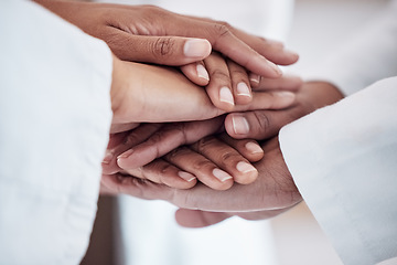 Image showing Medical, collaboration and hands together in circle for team, unity and motivation at a hospital. Doctors, diversity and healthcare employees in a huddle for solidarity, help and support in medicine.