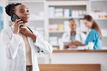 Image showing Pharmacist, woman and phone call for customer support, medicine stock and inventory communication or retail service. Medical and african doctor on mobile, chat and pharmacy contact for healthcare FAQ