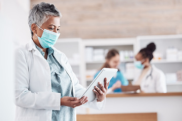 Image showing Hospital, doctor and woman with tablet, connection and network with telehealth, search internet and email notification. Person, medical professional and surgeon with technology, mask and research