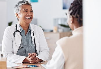 Image showing Happy woman, laughing or doctor consulting a patient in hospital for healthcare help, feedback or support. Mature, medical or funny nurse with a person talking or speaking of test results or advice