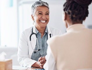 Image showing Happy woman, mature or doctor consulting a patient in hospital for healthcare help, feedback or support. People, medical or excited nurse with a person talking or speaking of test results or advice