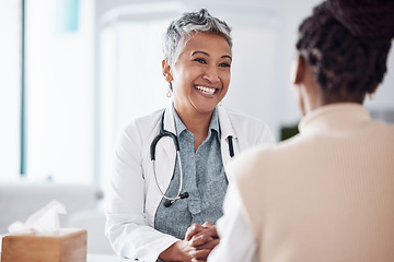 Image showing Happy, mature or doctor consulting a patient in meeting in hospital for healthcare help, feedback or support. People, medical or nurse with black woman talking or speaking of test results or advice