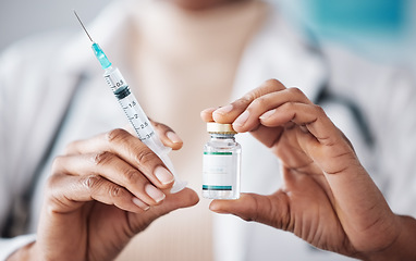 Image showing Medical vaccine, needle or person hands with medicine vial container for virus protection, safety or health security. Hospital policy, compliance and closeup pharmacist, nurse and doctor with syringe