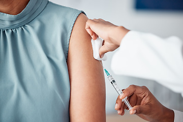 Image showing Hands, medical and doctor with patient for vaccine in a clinic for healthcare treatment for prevention. Closeup of a nurse doing a vaccination injection with a needle syringe in a medicare hospital.