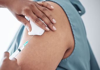 Image showing Hands, healthcare and doctor with patient for vaccine in a clinic for medical treatment for prevention. Closeup of a nurse doing a vaccination injection with a needle syringe in a medicare hospital.