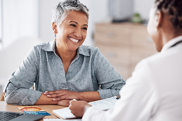 Image showing Paperwork, doctor or consulting a happy patient in meeting talking in hospital for history or healthcare record. Smile, medical or nurse with mature woman speaking of test results, update or document