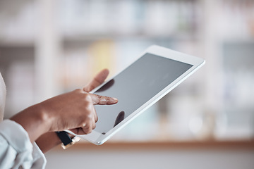 Image showing Woman pharmacist with tablet, typing in clinic and research for medical information, email or online chat. Digital app scroll, networking and doctor in pharmacy checking social media or internet news