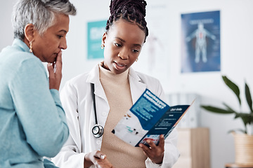 Image showing Brochure, consulting or doctor talking to patient for life insurance or healthcare services or medical data. Medicine, nurse helping or mature woman learning info on pamphlet in hospital for advice