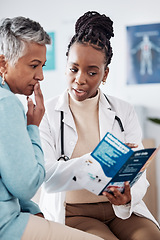 Image showing Brochure, consulting or doctor speaking to woman for life insurance or healthcare services or medical data. Medicine, nurse helping or mature patient learning info on pamphlet in hospital for advice