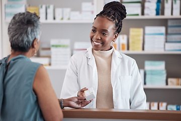 Image showing Pharmacist, pharmacy woman and customer for medicine service, healthcare advice and clinic solution or support by counter. African doctor or medical people with box for pills, product or retail drugs