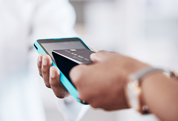 Image showing Doctor hands, healthcare and credit card machine for medical POS, clinic fintech payment and customer service. Pharmacist, patient or people at online point of sale for hospital and debit transaction