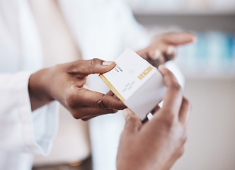 Image showing Pharmacist, medicine or hands of customer with pills, supplements or box for wellness or help. Pharmacy, closeup or doctor giving a pateint medical product, medication or advice in retail healthcare