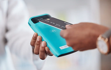 Image showing Pharmacist hands, credit card and machine for healthcare POS, clinic online payment and customer service. Pharmacy fintech, doctor or people at point of sale, medical shopping or hospital transaction