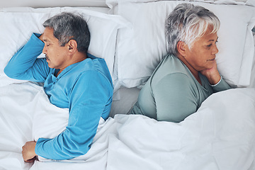 Image showing Sleeping, above and a senior couple in a bed with fatigue in a marriage together. Top view, relax and a tired elderly man and woman in the bedroom for rest, peace and napping with comfort in a house