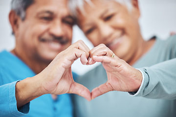 Image showing Heart, mature couple and hands for care in healthy relationship, connection or commitment to marriage. Love sign, romance of man and woman in loyalty, kindness or emoji to support in trust together