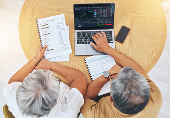 Image showing Couple, computer screen and data analysis, stock market graphs and budget, financial planning or asset management above. Senior people on laptop for trading, investment and accounting report or stats