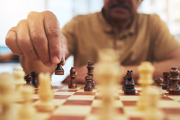 Image showing Man, chess board game and hands on pawn for fun strategy, hobby and decision in challenge. Closeup, chessboard or player moving piece for winning contest, competition or learning tabletop brain games