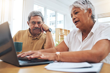 Image showing Stress, debt and senior couple on laptop, typing and financial planning savings at home. Frustrated, computer and man and woman on tax, investment fail or bankruptcy challenge for bills in retirement