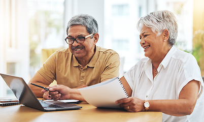 Image showing Document, budget and elderly couple on laptop, happy and financial planning of savings at home. Smile, computer and man and woman on loan paperwork, investment in pension or mortgage in retirement