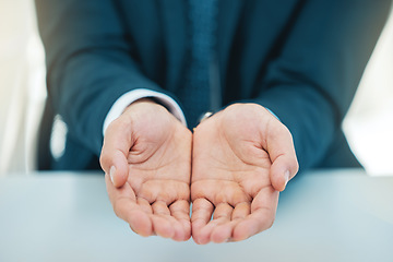 Image showing Hands, poverty and a business man begging in his office for unemployment or job loss in a financial crisis. Donation, charity and help with a corporate employee asking for finance or investment