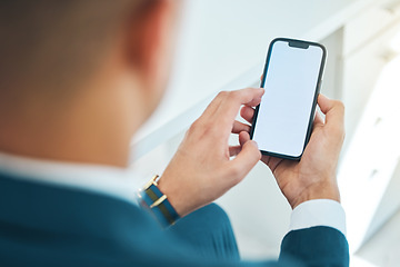 Image showing Business man, hands and phone screen or space for stock market, online scroll and Web 3.0 ui or ux design mockup. Corporate person or trader FAQ, trading information and contact on mobile technology