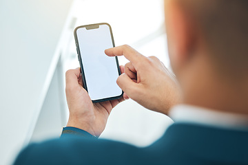 Image showing Business man, hands and phone mockup or screen for stock market, online scroll and Web 3.0 ui or ux design space. Corporate person or trader FAQ, trading information and contact or search on mobile