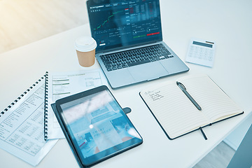 Image showing Technology, office desk and trading, stock market and paperwork, finance and statistics information. Calculator, notebook with tablet and laptop, screen and data analytics with documents and fintech