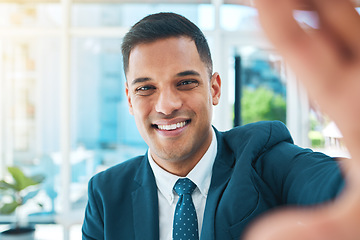 Image showing Businessman, selfie in office and smile on face, confident lawyer with profile picture for social media. Photography, business and happy man at law firm, corporate attorney with pride in legal career