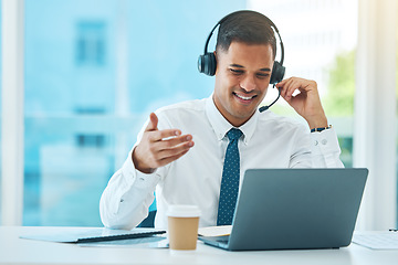 Image showing Laptop, call center and business man telemarketing, support and help desk in office. Computer, customer service and happy sales agent in communication, consulting and listening to contact us for crm